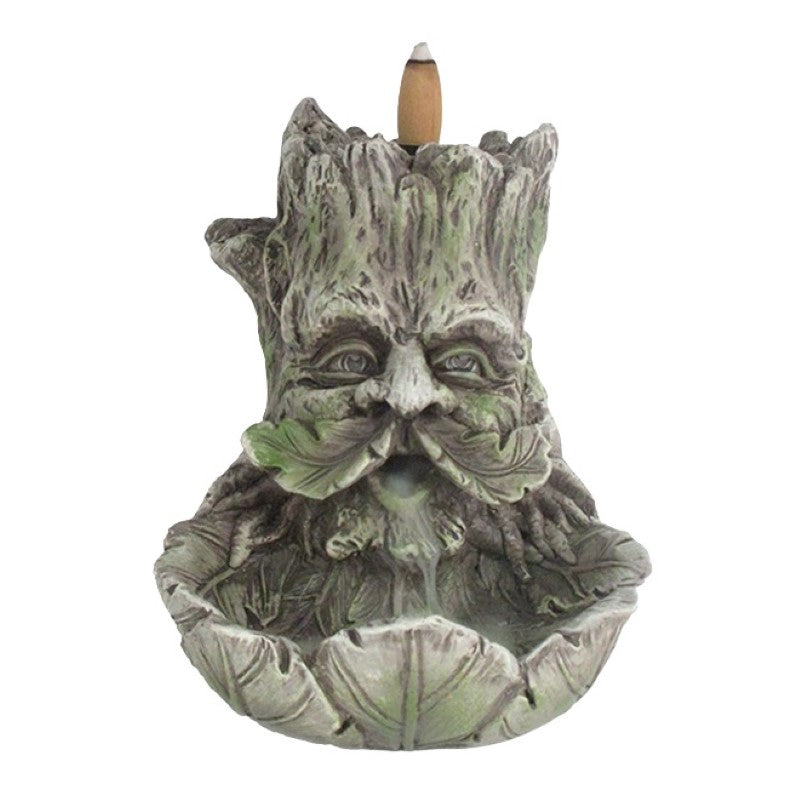 Green Man Backflow Burner featuring intricate Tree Man design, releasing cascading smoke for a calming ambiance.