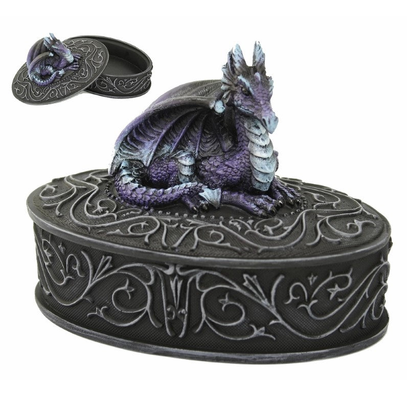 Intricate oval trinket box featuring a majestic dragon design, perfect for storing jewelry and keepsakes.