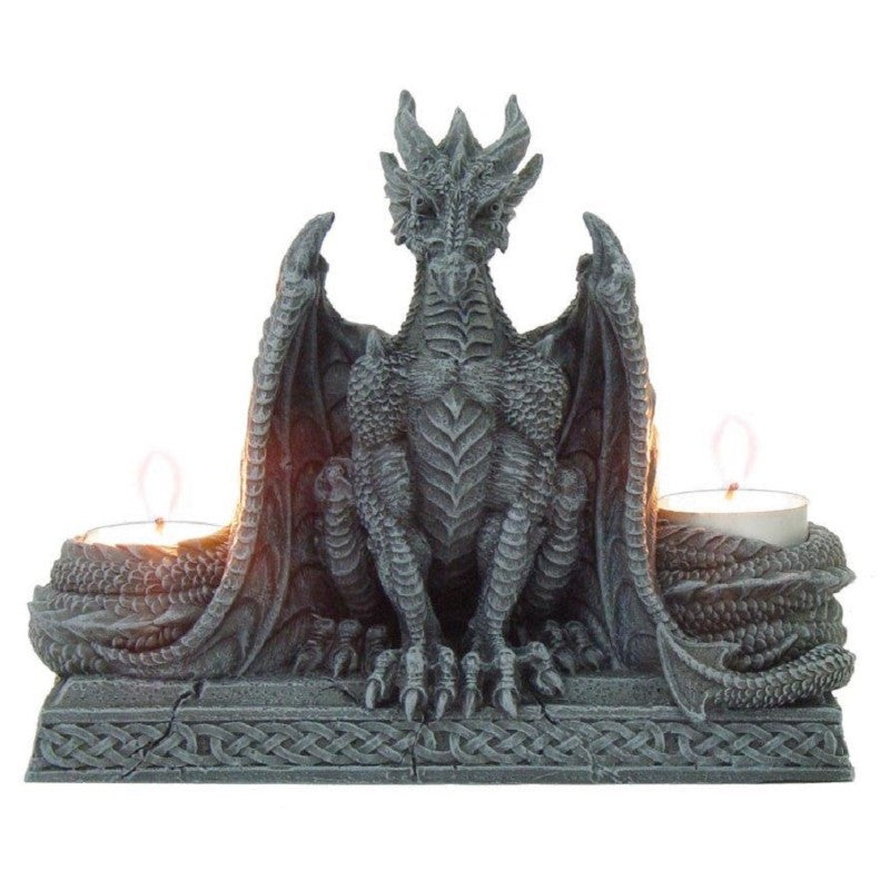 Majestic dragon tealight holder in resin, standing 16 cm tall, adds magical ambiance to any space.