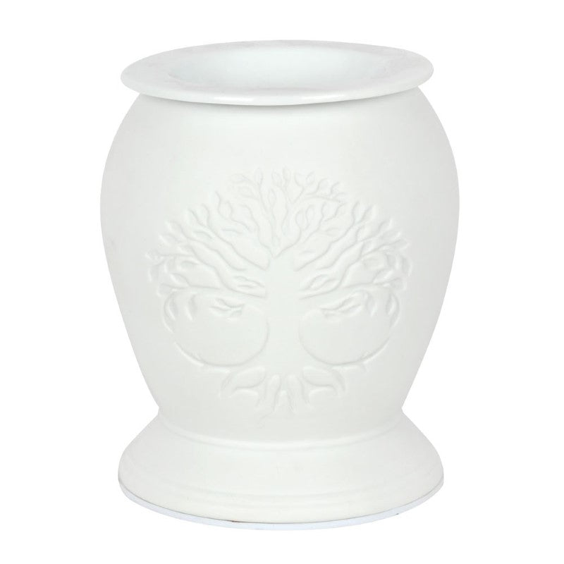 White ceramic electric oil burner with Tree of Life design, creating a warm glow and infusing scents into your home.