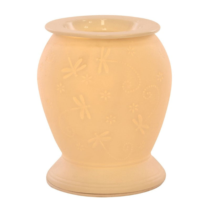 Dragonfly White Ceramic Electric Oil Burner with warm glow, perfect for infusing spaces with delightful scents and style.