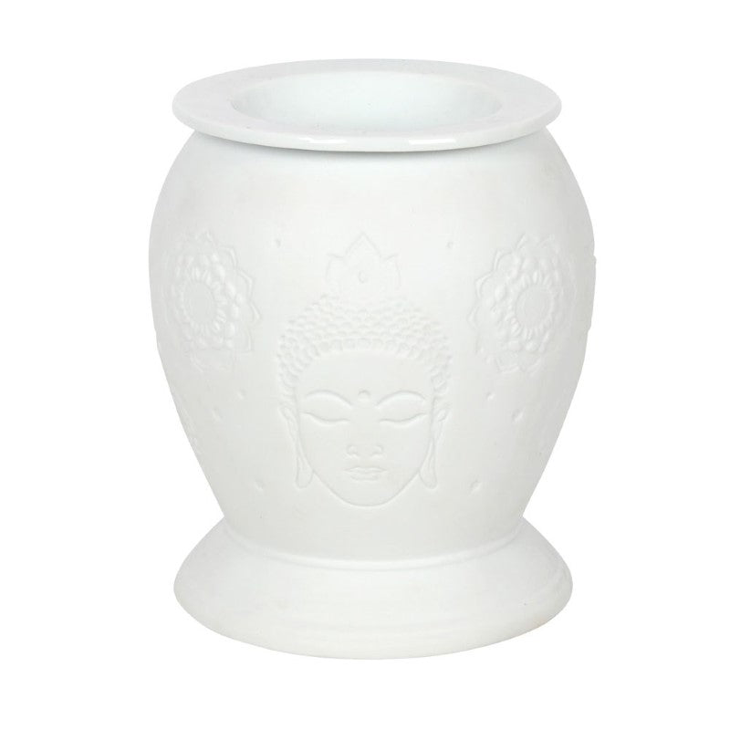 White ceramic Buddha electric oil burner, 15.5 cm tall, emits a warm yellow glow while diffusing delightful fragrances.