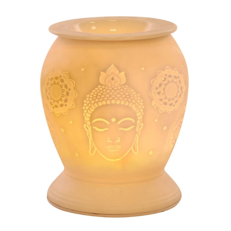 Buddha White Ceramic Electric Oil Burner with warm glow, elegant design, perfect for aromatherapy and home decor.