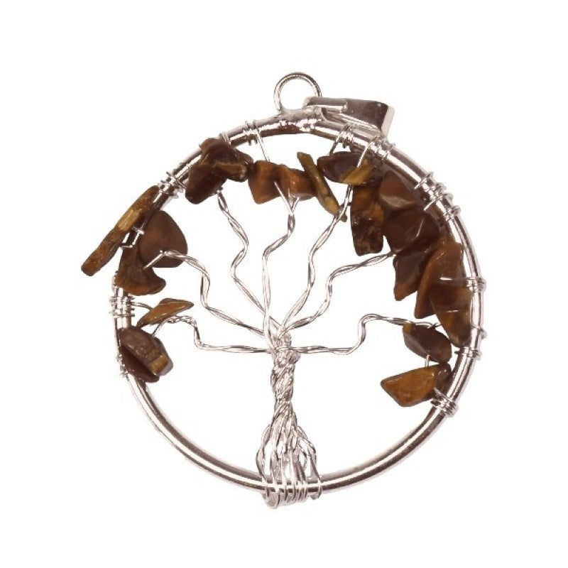 Tigers Eye Chip Tree of Life pendant featuring genuine stones, silver-plated, and symbolic of strength and personal power.