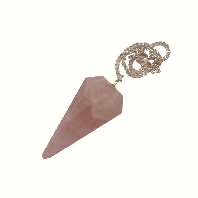 Handcrafted Rose Quartz 6 Facet Pendulum, 4.5 cm tall with a 16 cm silver chain, enhances intuition and promotes love.