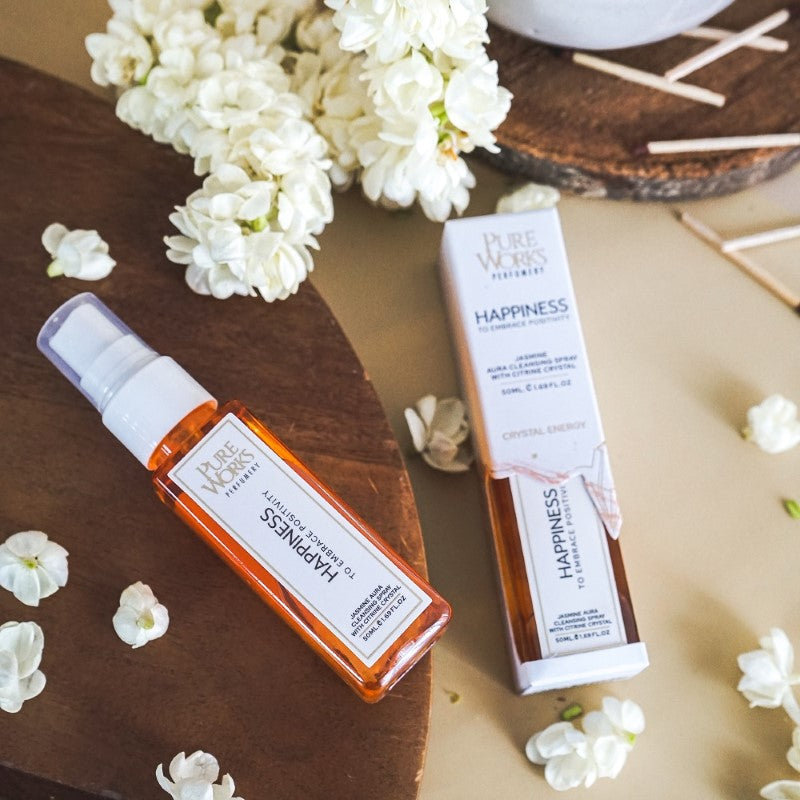 A 50ml aura cleansing spray featuring jasmine, citrine crystal, and vibrant scents for positivity and relaxation.