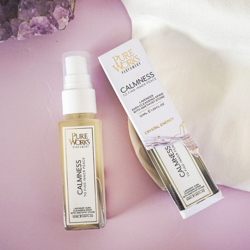Calmness Lavender with Amethyst Aura Energy Cleansing Spray promotes relaxation and restorative sleep in a tranquil 50ml bottle.