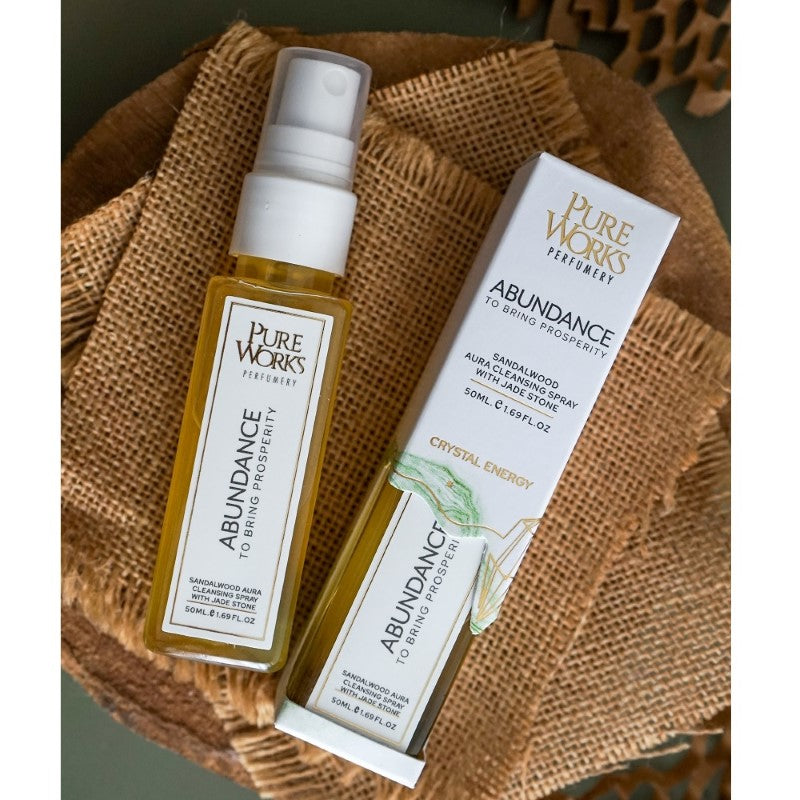 50ml Abundance Sandalwood and Jade Crystal Aura Cleansing Spray, promoting positivity and attracting wealth and prosperity.