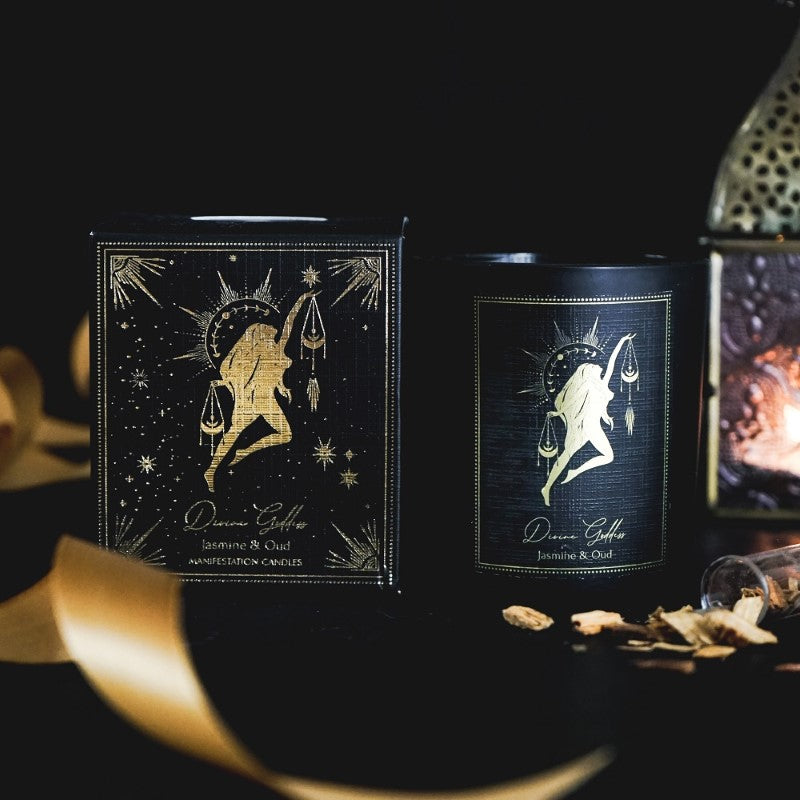 Divine Goddess Jasmine & Oud Candle in black frosted glass, 100gm, featuring jasmine and oud scents for tranquility and manifestation.
