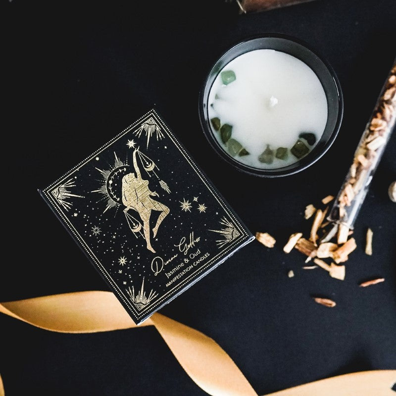 Divine Goddess Jasmine & Oud Candle in black frosted glass, featuring gemstone chips and a 20-hour burn time for relaxation and manifestation.