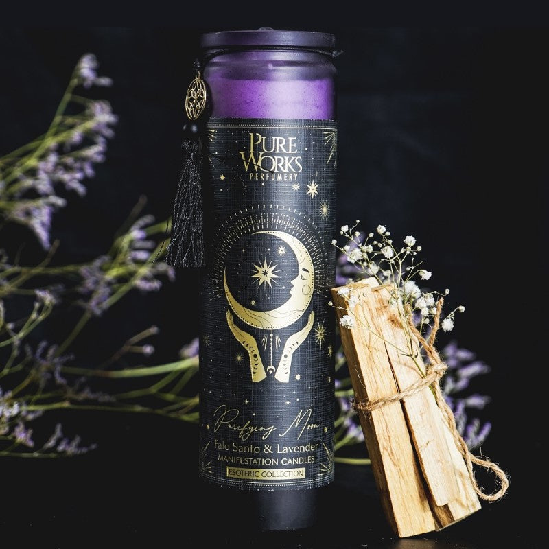 Purifying Moon candle in an ombre glass jar, blending Palo Santo and lavender for meditation and manifestation rituals.