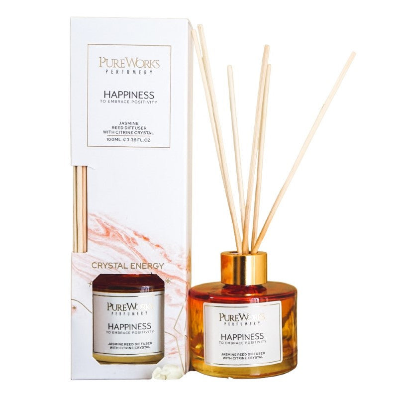 Happiness Jasmine Reed Diffuser in an ombre glass jar, featuring citrine crystal chips for uplifting aroma and positivity.