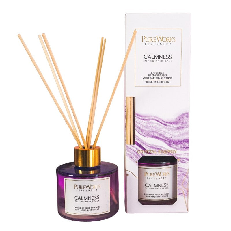Calmness Lavender Reed Diffuser in an elegant ombre jar, infused with lavender and Amethyst crystals for tranquility and relaxation.