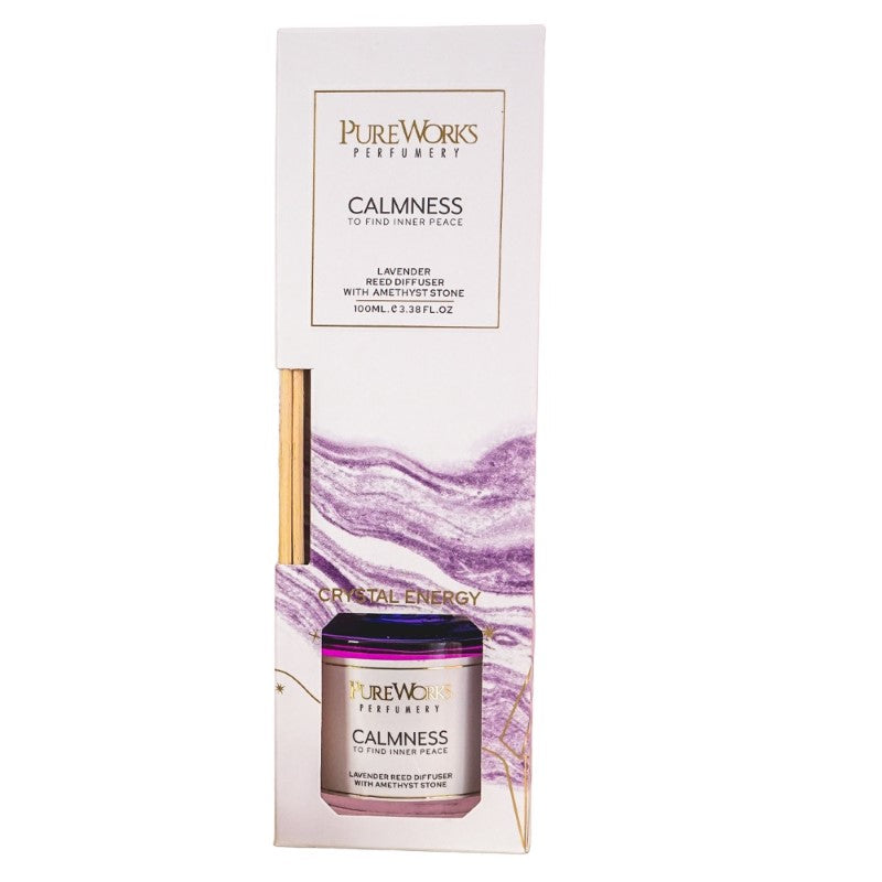 Calmness Lavender Reed Diffuser in ombre glass with Amethyst crystals, promoting tranquility and relaxation through soothing lavender aroma.