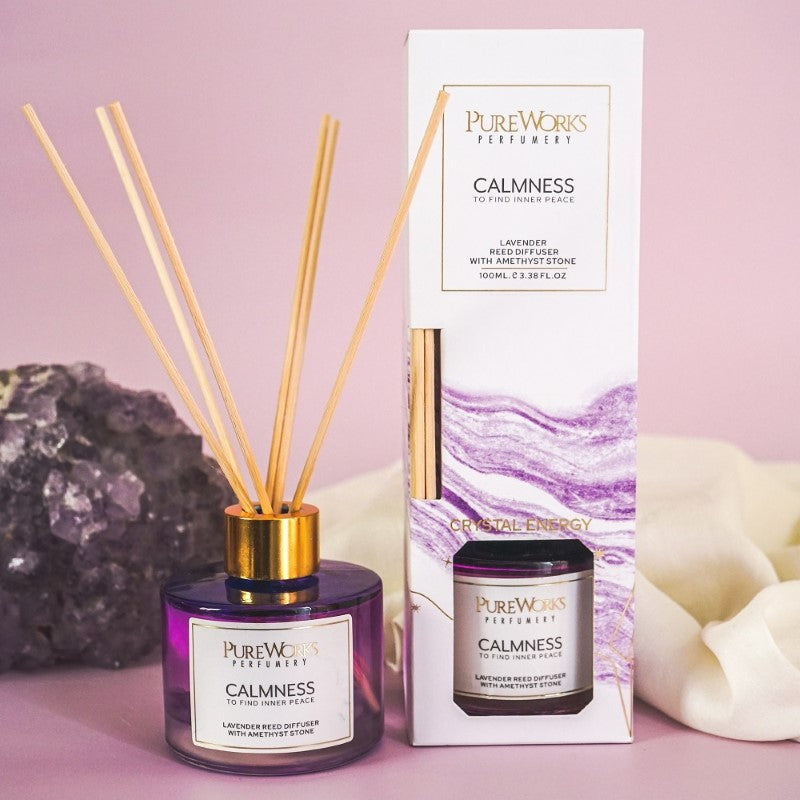 Calmness Lavender Reed Diffuser in an ombre glass jar with Amethyst, promoting tranquility and relaxation through soothing lavender scent.