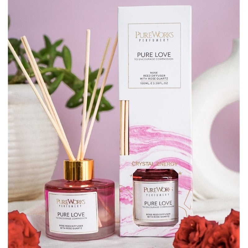Pure Love Rose Reed Diffuser in an ombre jar with rose quartz, delivering floral aromas and promoting love and tranquility.