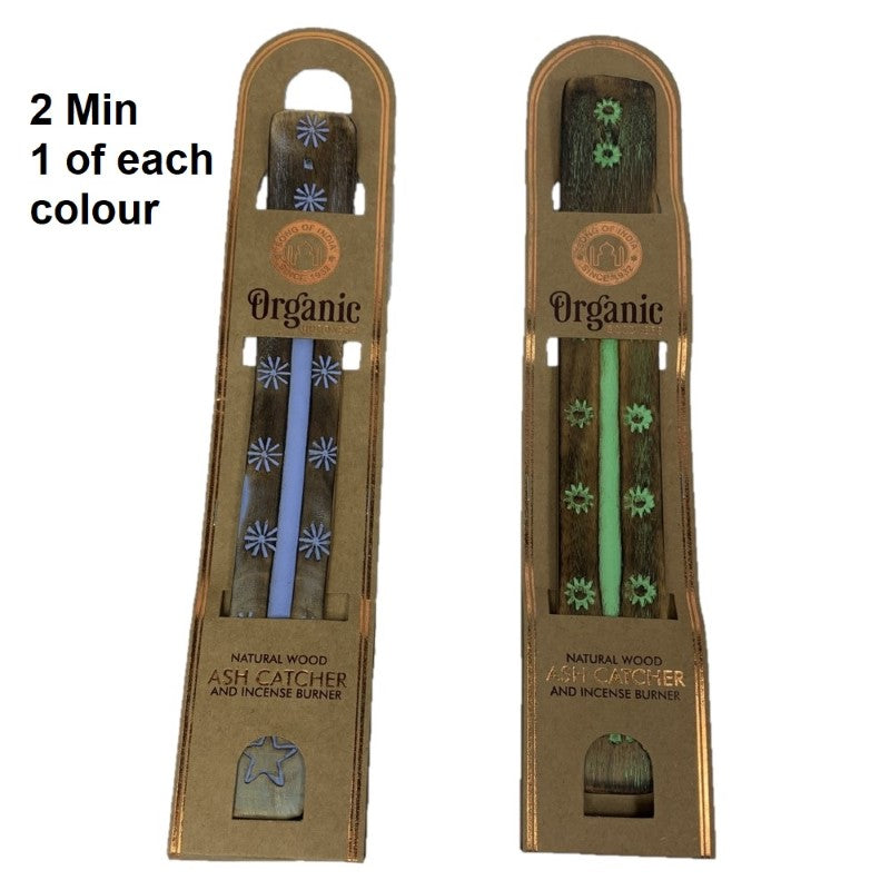 Hand-painted 10" wooden incense burner in serene purple and green, perfect for meditation and elegant home decor.