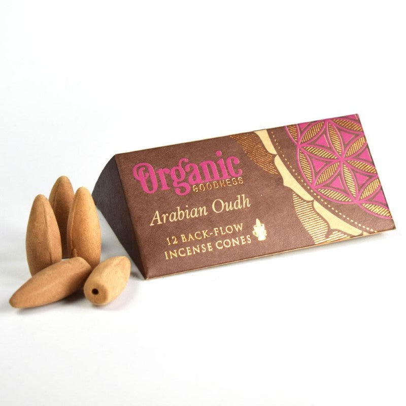 Backflow incense cones featuring Arabian Oudh scent, handmade, eco-friendly, supporting families in India.