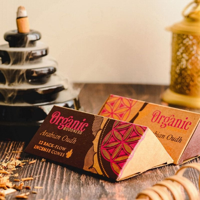 Set of 6 handmade Arabian Oudh backflow incense cones, eco-friendly and supporting families in India.