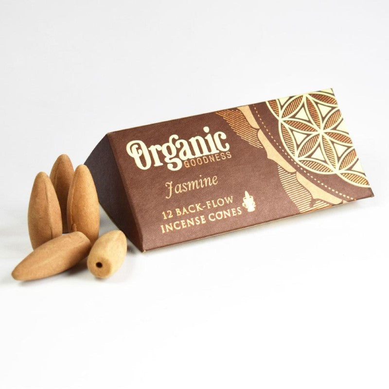 Handmade set of 6 jasmine backflow incense cones in sustainable packaging, promoting relaxation and supporting Indian families.