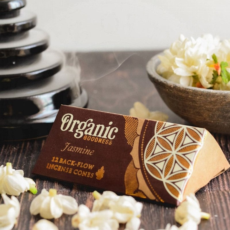 Set of 6 organic jasmine backflow incense cones, handmade, eco-friendly, promoting relaxation and supporting families in India.