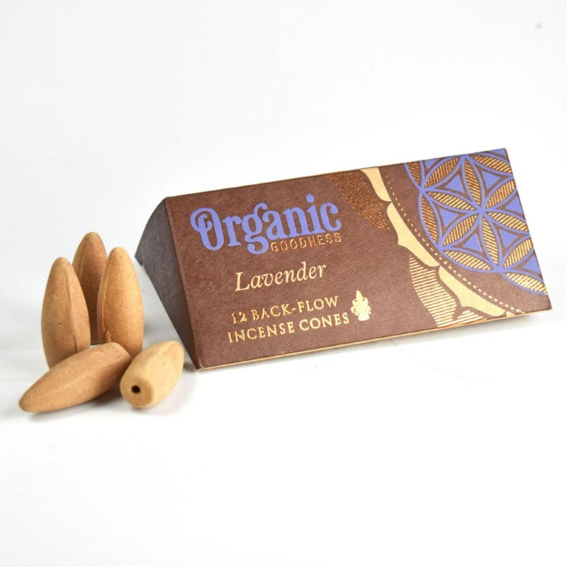 Set of 6 lavender backflow incense cones made from 100% natural ingredients for a calming, ethical aromatic experience.