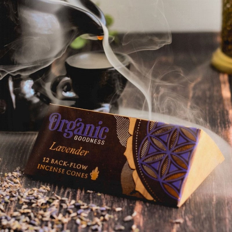 Backflow Incense Cone Lavender set of 6, handcrafted with organic ingredients for relaxation, ethical, and environmentally friendly.
