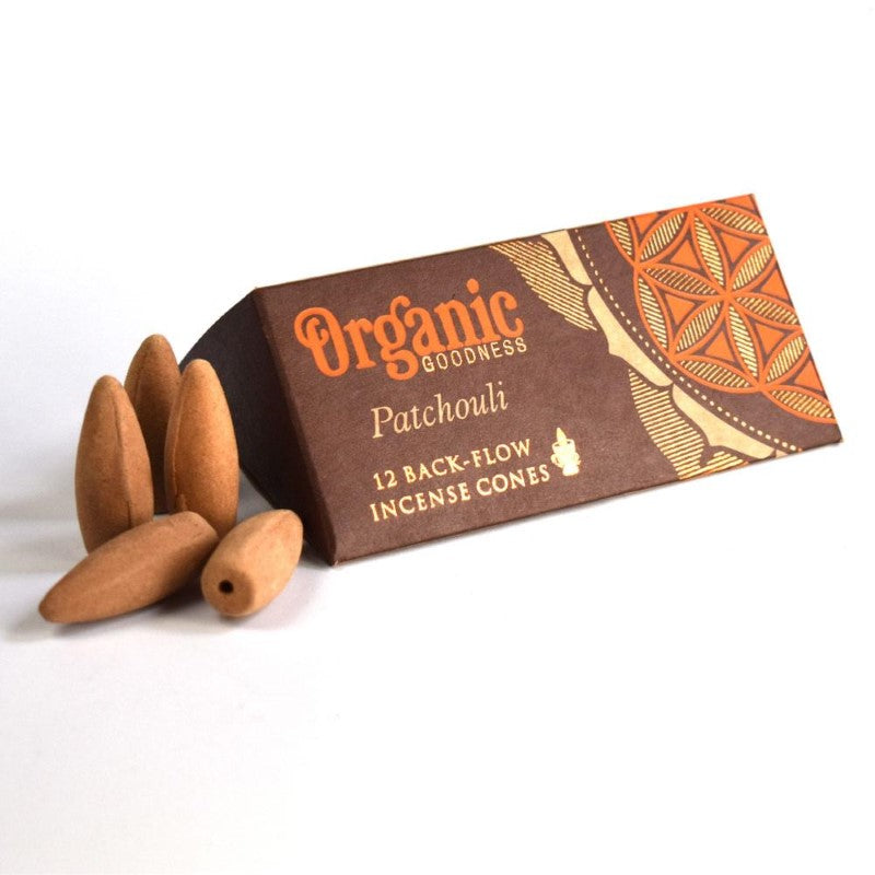 Set of 6 organic backflow incense cones in patchouli scent, handmade in India, promoting wellness and supporting children in need.