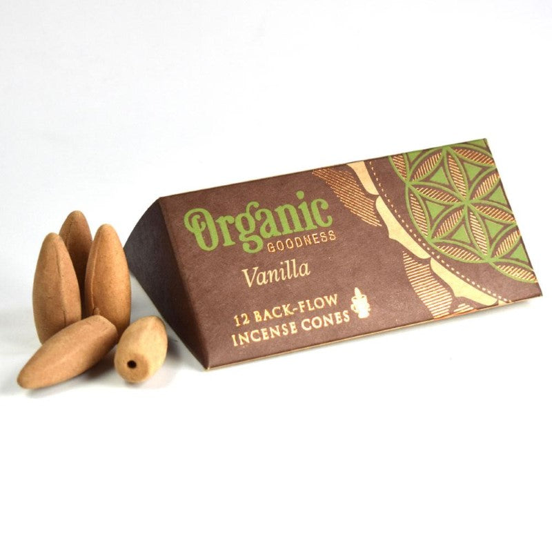 Handcrafted backflow incense cones in vanilla scent, eco-friendly, supports families in India, ideal for relaxation and gifts.