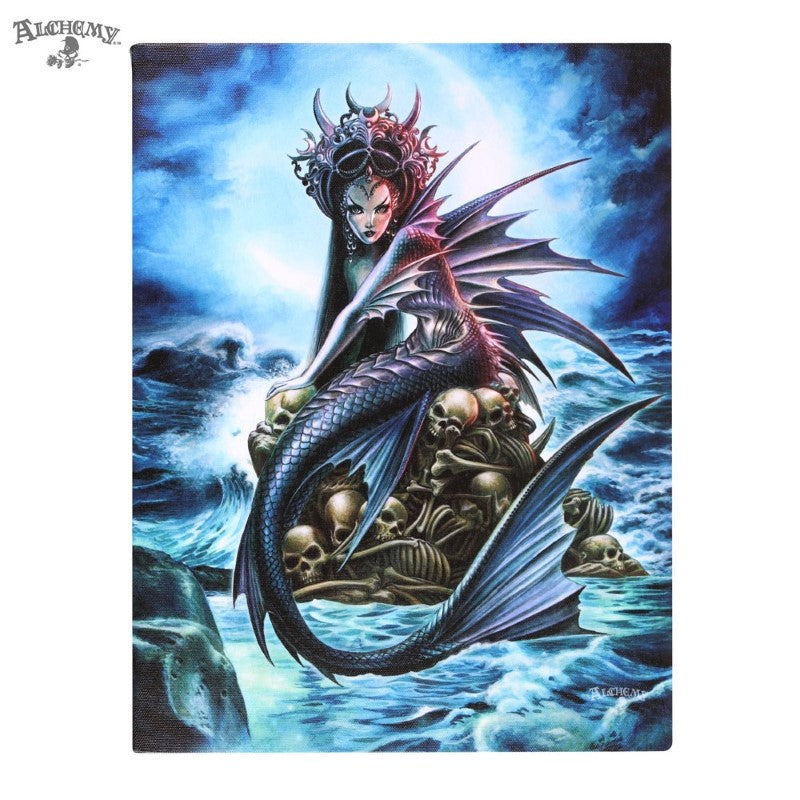 Small Atargatis canvas depicting a fish-bodied fertility goddess amidst stormy seas and bones, perfect for Gothic decor.