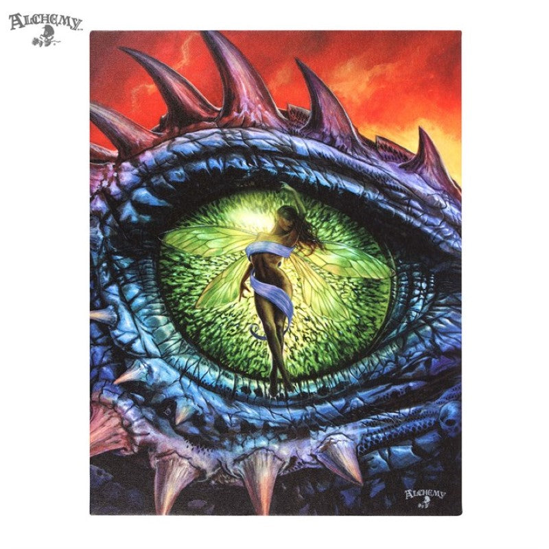 Small canvas featuring a glowing serpent's eye behind a dancing fairy, inspired by the mythical basilisk.