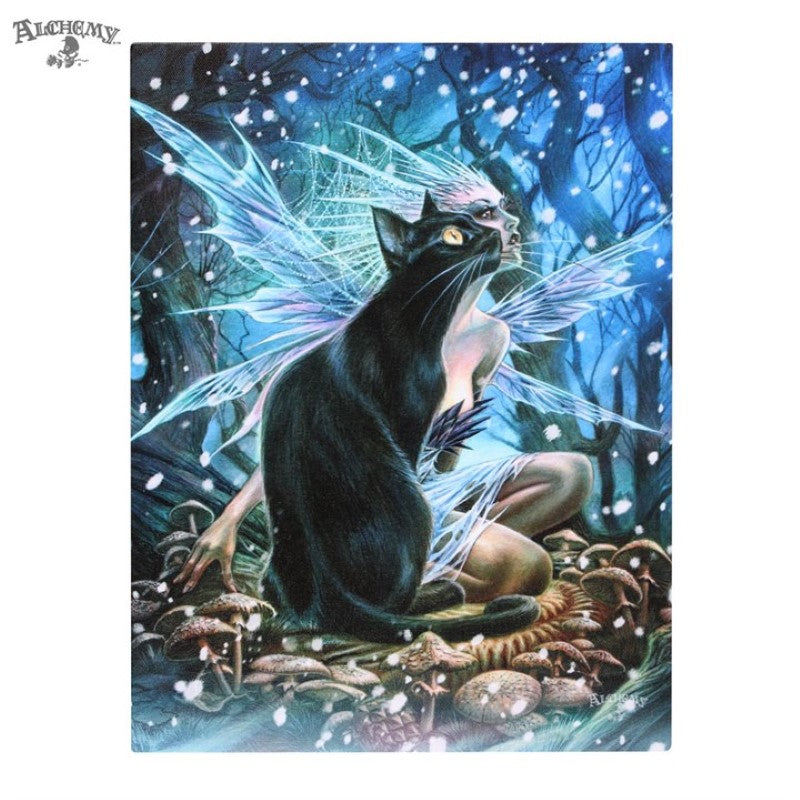 Enchanting canvas art of a fairy and her black cat in a mystical forest, perfect for fantasy decor enthusiasts.