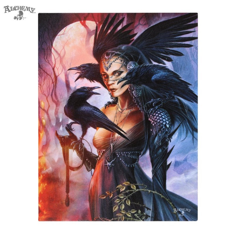 Gothic fantasy canvas featuring a powerful woman with ravens in a moonlit forest by Alchemy Gothic.