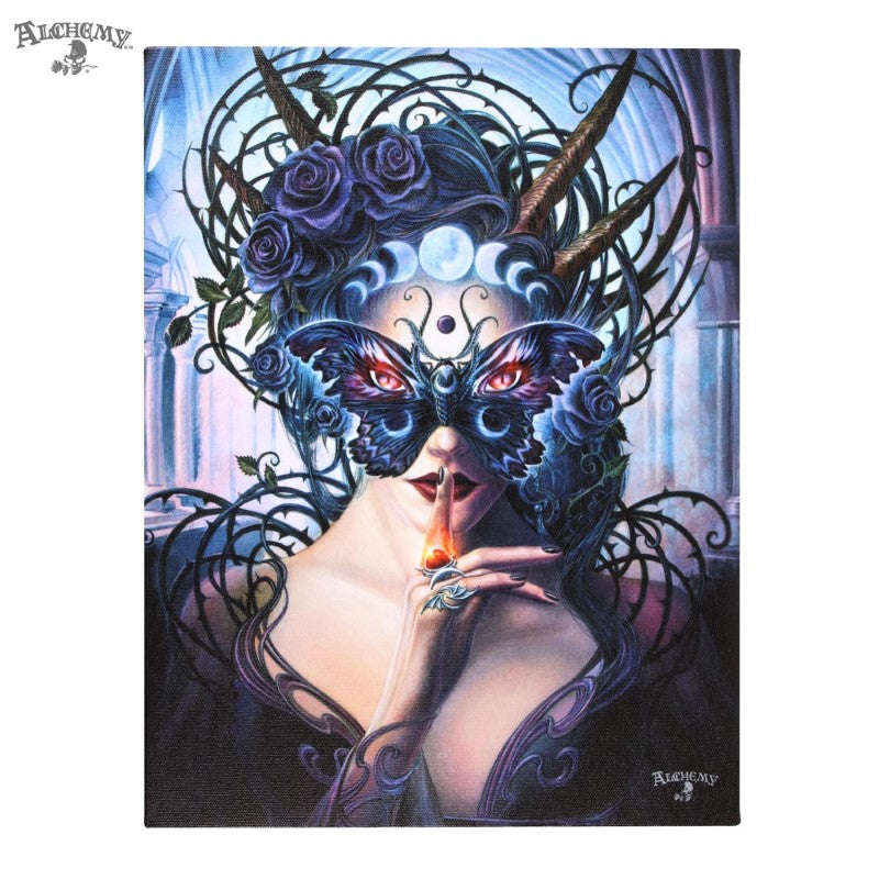 Mystical canvas art featuring a horned woman with luna moth wings and roses, evoking fantasy and intrigue.