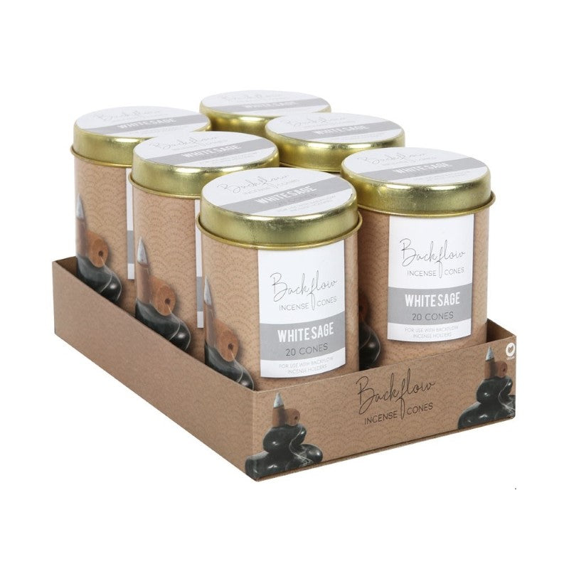 Set of 6 White Sage Backflow Incense Cones in a cardboard tray, offering calming aroma and mesmerizing smoke displays.