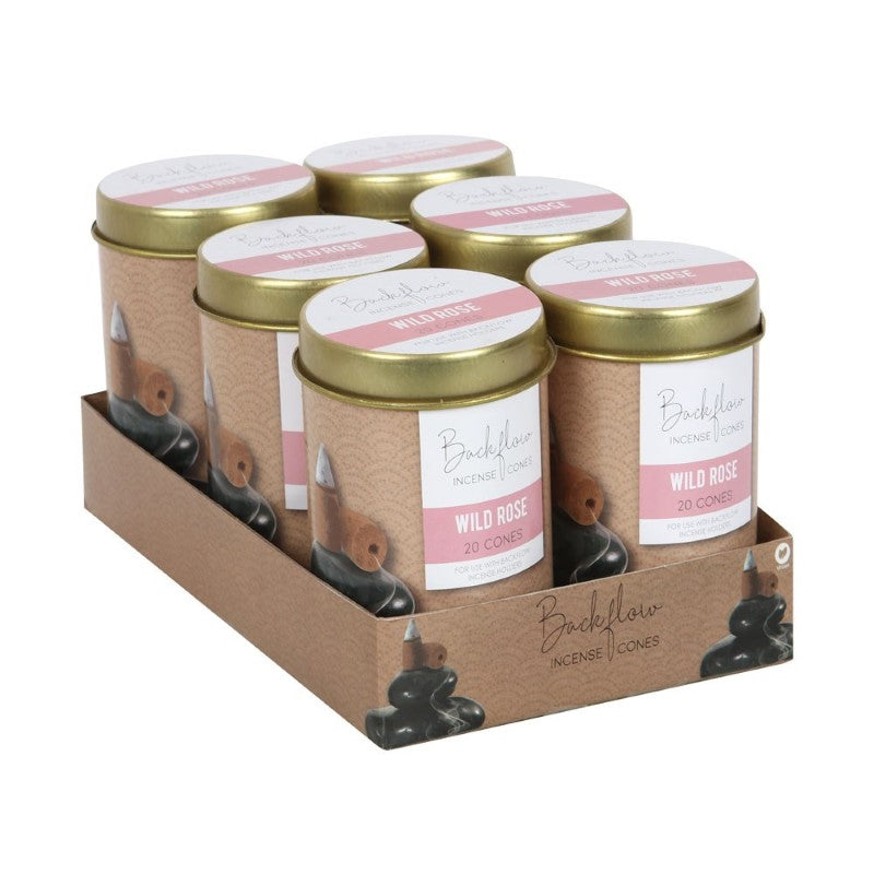 Set of 6 Wild Rose backflow incense cones in decorative tins, perfect for creating enchanting smoke displays and soothing aromas.