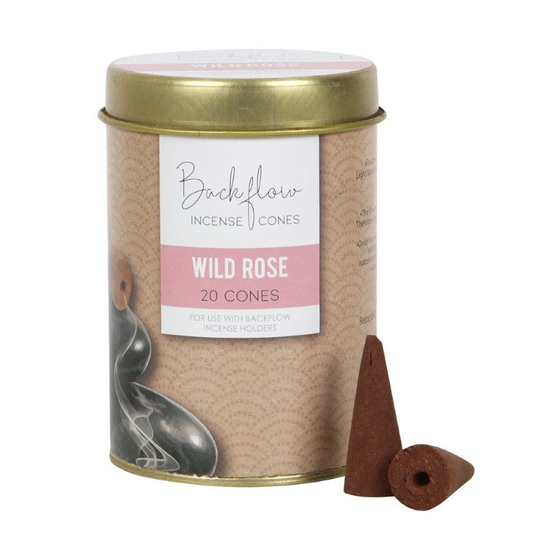 Set of 6 Wild Rose backflow incense cones in tins, designed for captivating smoke displays and soothing fragrances.
