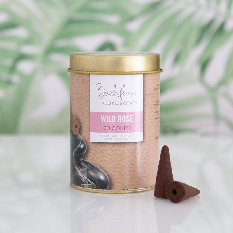Set of 6 Wild Rose Backflow Incense Cones in decorative tins, designed for mesmerizing smoke flow and soothing aroma.