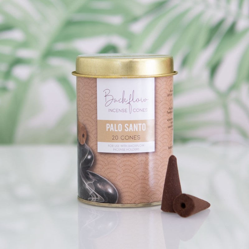 Set of 6 handmade Palo Santo backflow incense cones in stylish tins, designed for soothing aromas and impressive smoke displays.