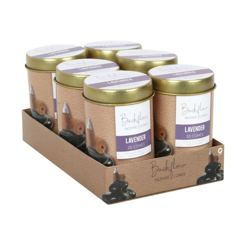 Set of 6 lavender backflow incense cones in tins, designed for stunning smoke displays and calming aromatherapy.