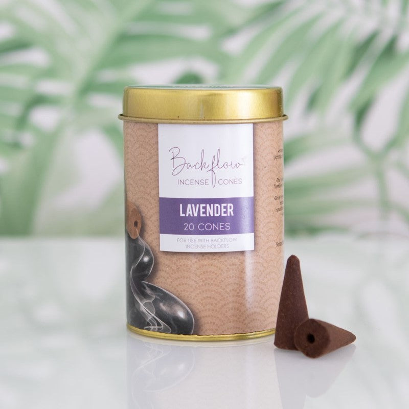 Set of 6 handmade lavender backflow incense cones in tins, designed for aromatic serenity and stunning smoke displays.