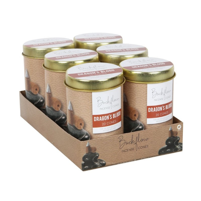 Set of 6 Dragon's Blood Backflow Incense Cones in tins, creating mesmerizing smoke displays for relaxation and meditation.