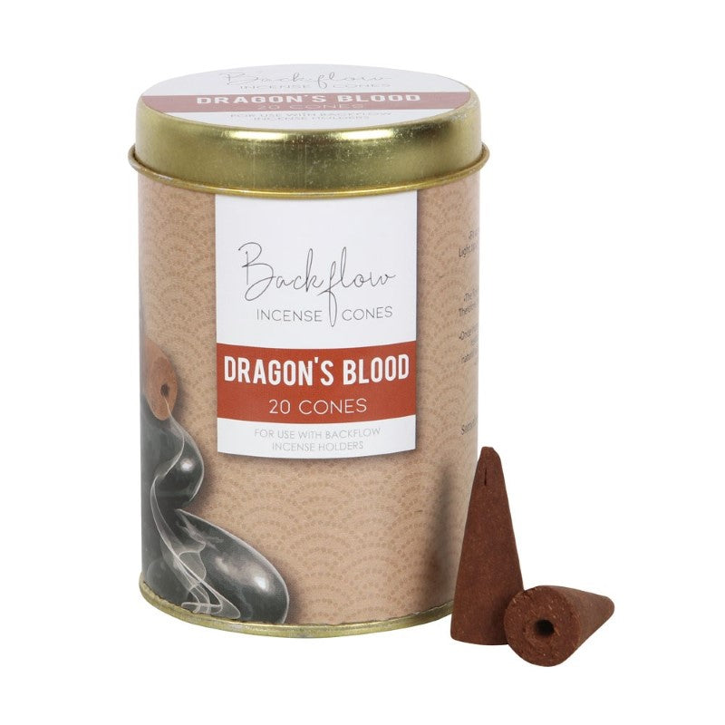 Set of 6 Dragon's Blood Backflow Incense Cones in tins, perfect for meditation with mesmerizing smoke displays.