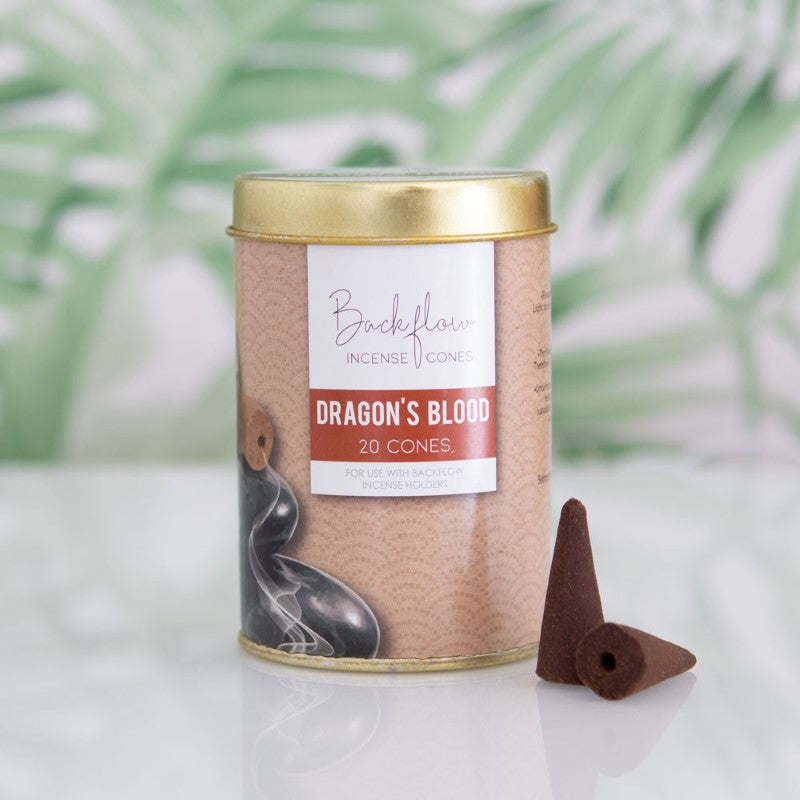 Set of 6 Dragon's Blood Backflow Incense Cones in tins, designed for mesmerizing smoke displays during relaxation and meditation.