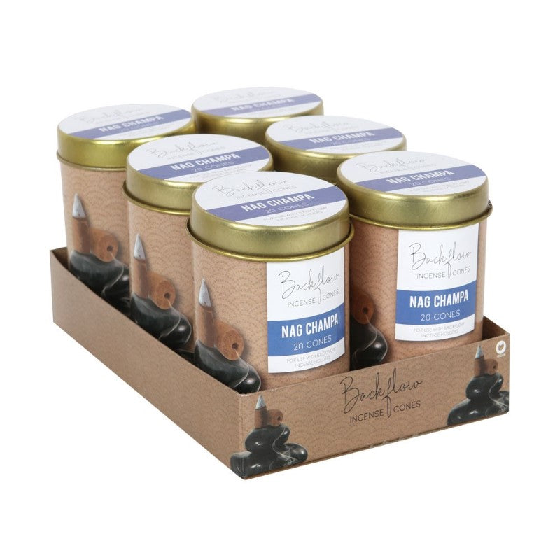 Set of 6 Nag Champa backflow incense cones in decorative tins, ideal for creating a calming atmosphere with mesmerizing smoke.
