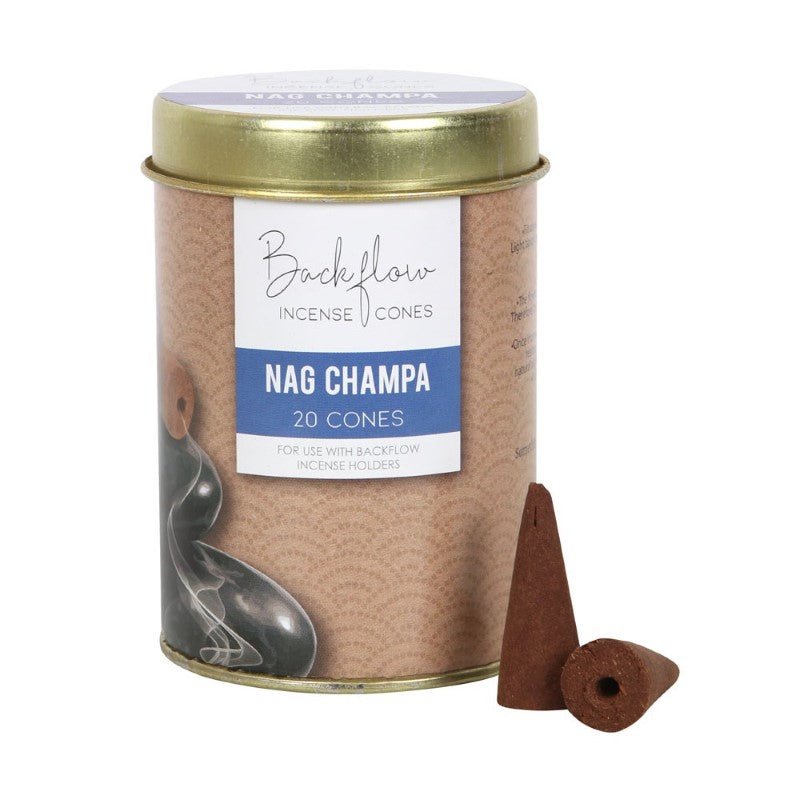 Set of 6 Nag Champa backflow incense cones in decorative tins, promoting relaxation and meditation with soothing aroma.