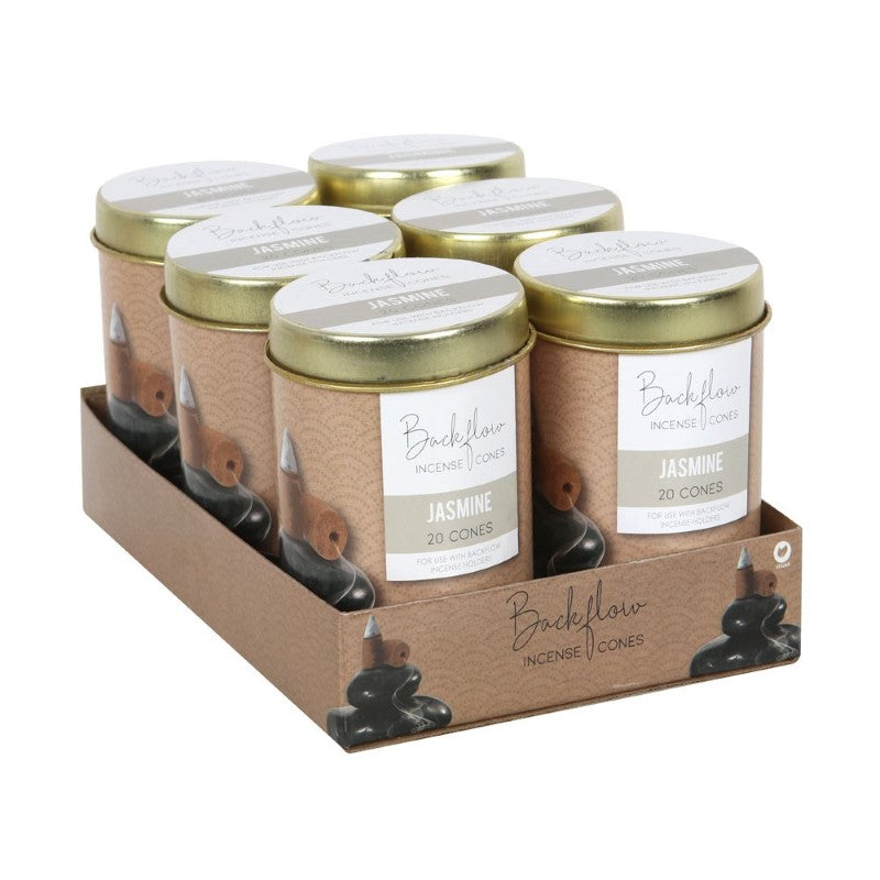 Set of 6 handmade jasmine backflow incense cones for soothing aromas and mesmerizing smoke displays, perfect for relaxation and meditation.