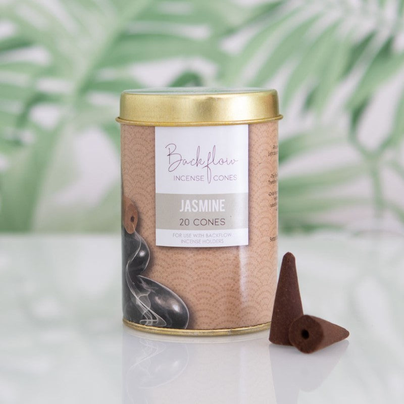 Set of 6 Jasmine Backflow Incense Cones in tins, handmade for aromatic displays and relaxation, ideal for meditation and ambiance.