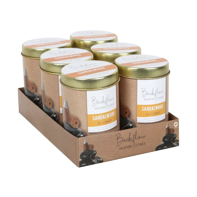 Set of 6 Sandalwood Backflow Incense Cones in tins, designed for mesmerizing smoke displays and soothing sandalwood fragrance.