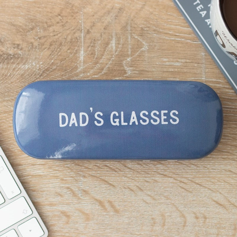 Hard-shell glasses case with geometric print, includes lens cloth, designed for stylish dads on the go.
